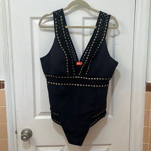 River Island Plunge Neck Embroidered metallic Swimsuit. Size 16.